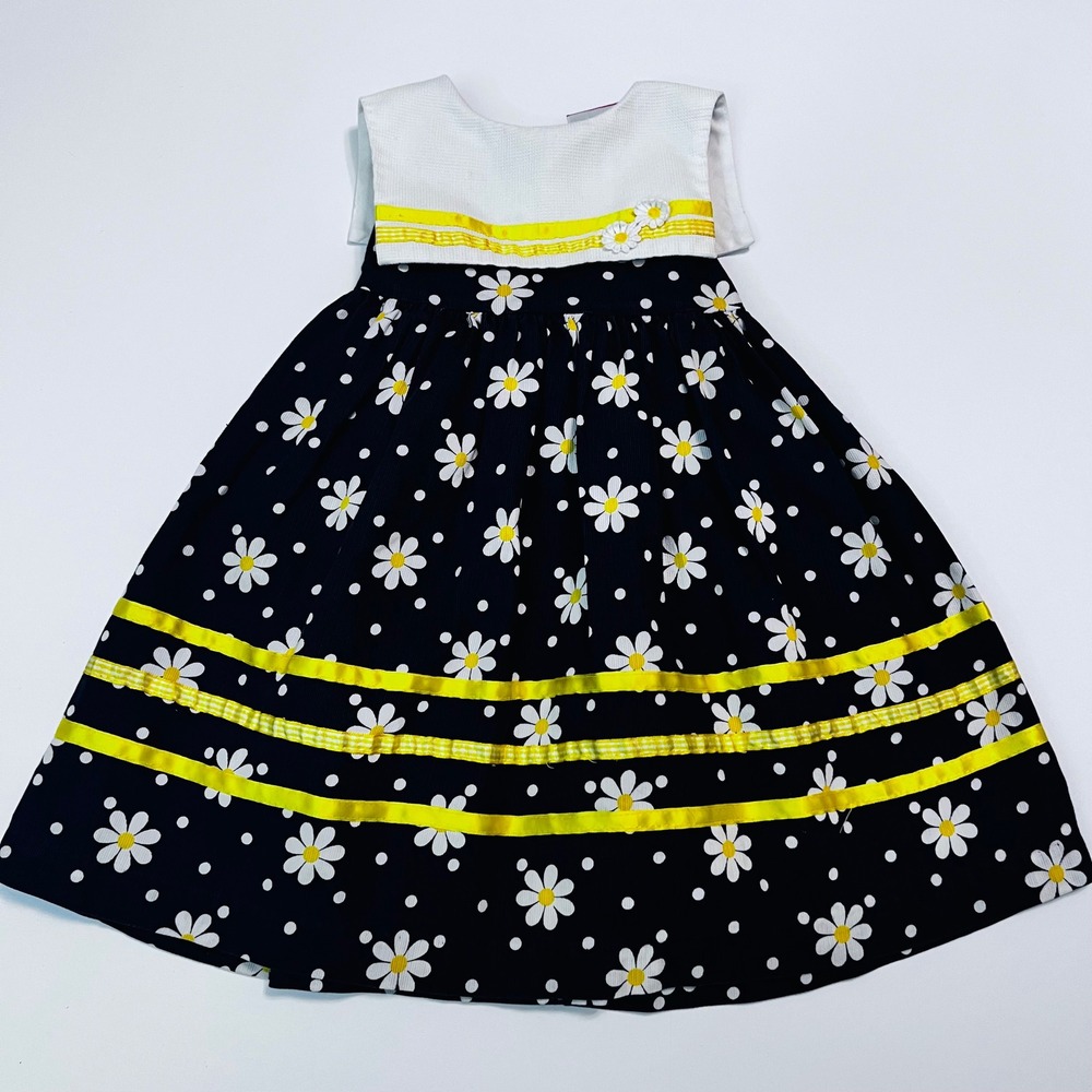 Vintage Baby Togs Toddler Girls Dress Size 2T Navy Daisy Smocked Cottagecore